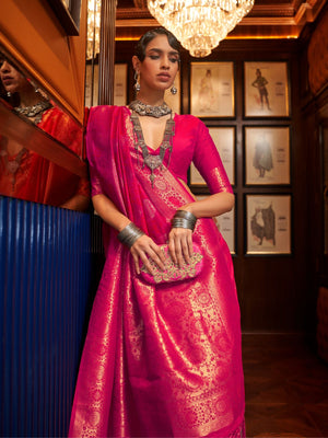Rajwada Pink Woven Design Silk Blend Saree With Unstitched Blouse For Women