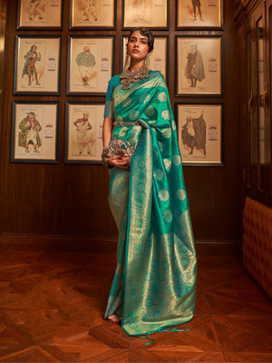Rajwada Green Woven Design Silk Blend Saree With Unstitched Blouse For Women