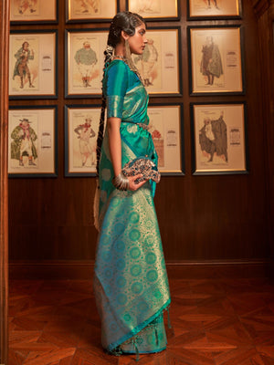 Rajwada Green Woven Design Silk Blend Saree With Unstitched Blouse For Women