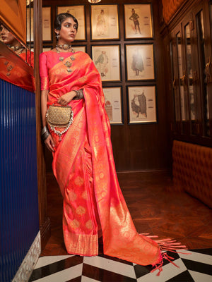 Rajwada Orange Woven Design Silk Blend Saree With Unstitched Blouse For Women