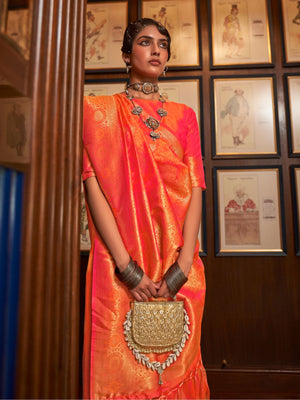 Rajwada Orange Woven Design Silk Blend Saree With Unstitched Blouse For Women