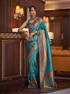 Rajwada Teal Woven Design Silk Blend Saree With Unstitched Blouse For Women