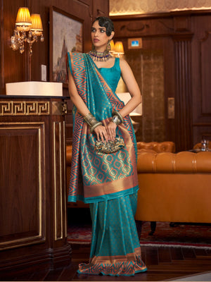 Rajwada Teal Woven Design Silk Blend Saree With Unstitched Blouse For Women