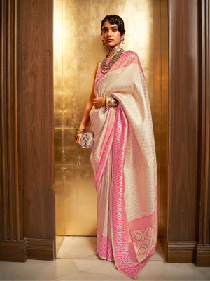 Rajwada Pink And Gold Woven Design Silk Blend Saree With Unstitched Blouse For Women