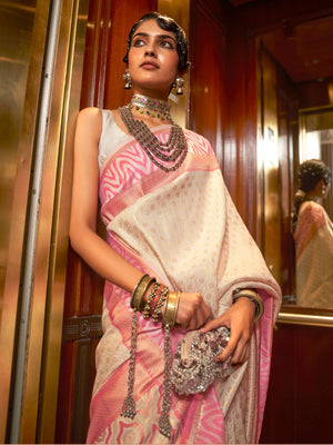 Rajwada Pink And Gold Woven Design Silk Blend Saree With Unstitched Blouse For Women
