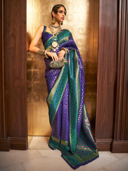 Rajwada Navy Blue And Teal Woven Design Silk Blend Saree With Unstitched Blouse For Women