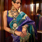 Rajwada Navy Blue And Teal Woven Design Silk Blend Saree With Unstitched Blouse For Women