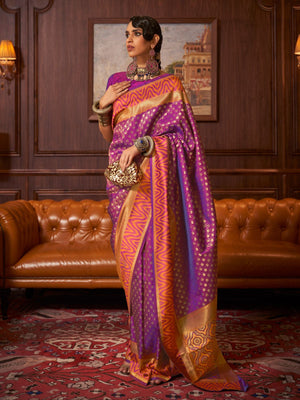 Rajwada Purple And Gold Woven Design Silk Blend Saree With Unstitched Blouse For Women