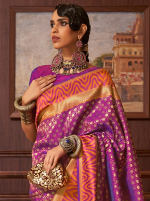 Rajwada Purple And Gold Woven Design Silk Blend Saree With Unstitched Blouse For Women