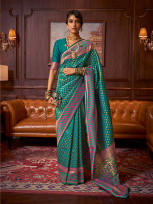 Rajwada Green And Pink Woven Design Silk Blend Saree With Unstitched Blouse For Women