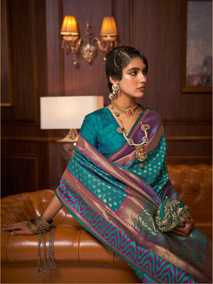 Rajwada Green And Pink Woven Design Silk Blend Saree With Unstitched Blouse For Women
