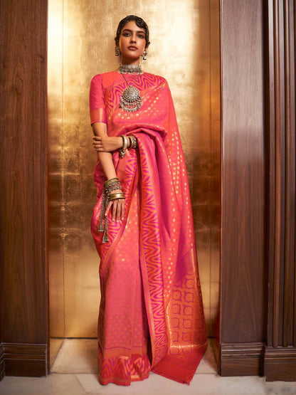 Rajwada Orange And Pink Woven Design Silk Blend Saree With Unstitched Blouse For Women