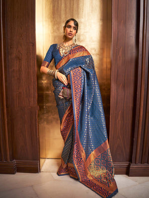 Rajwada Navy Blue And Rust Woven Design Silk Blend Saree With Unstitched Blouse For Women