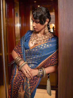 Rajwada Navy Blue And Rust Woven Design Silk Blend Saree With Unstitched Blouse For Women