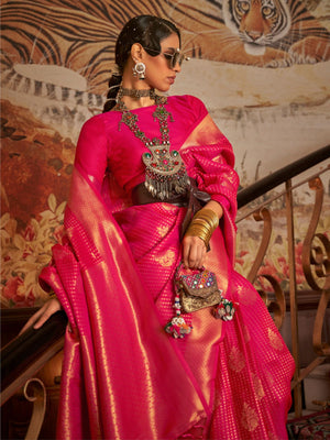 Rajwada Pink Woven Design Silk Blend Saree With Unstitched Blouse For Women