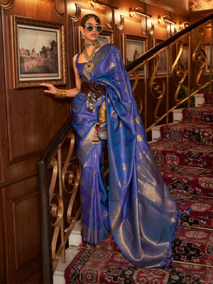 Rajwada Navy Blue Woven Design Silk Blend Saree With Unstitched Blouse For Women