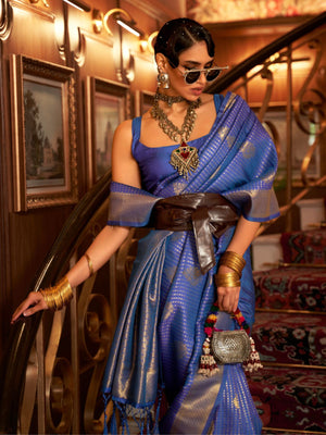 Rajwada Navy Blue Woven Design Silk Blend Saree With Unstitched Blouse For Women