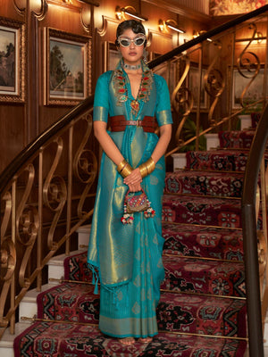 Rajwada Teal Woven Design Silk Blend Saree With Unstitched Blouse For Women