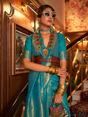 Rajwada Teal Woven Design Silk Blend Saree With Unstitched Blouse For Women