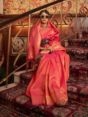 Rajwada Orange Woven Design Silk Blend Saree With Unstitched Blouse For Women