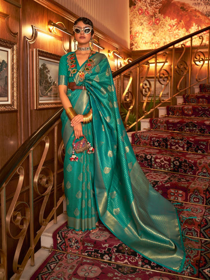 Rajwada Teal Woven Design Silk Blend Saree With Unstitched Blouse For Women