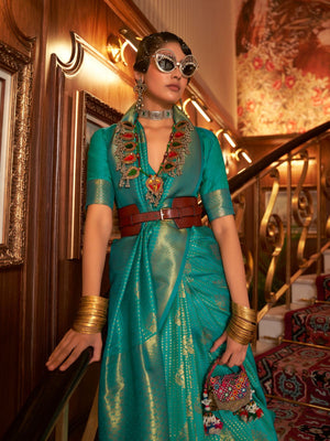 Rajwada Teal Woven Design Silk Blend Saree With Unstitched Blouse For Women