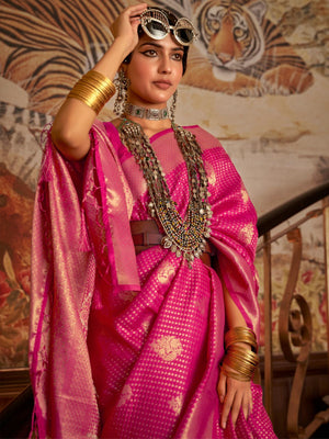 Rajwada Pink Woven Design Silk Blend Saree With Unstitched Blouse For Women