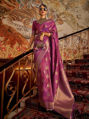 Rajwada Purple Woven Design Silk Blend Saree With Unstitched Blouse For Women
