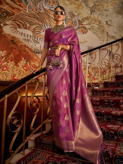 Rajwada Purple Woven Design Silk Blend Saree With Unstitched Blouse For Women