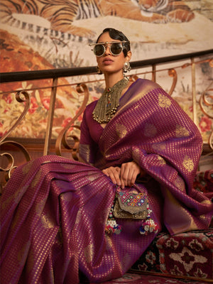 Rajwada Purple Woven Design Silk Blend Saree With Unstitched Blouse For Women