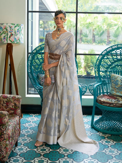 Rajwada Grey Woven Design Silk Blend Saree With Unstitched Blouse For Women