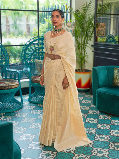 Rajwada Cream Woven Silk Blend Saree With Unstitched Blouse For Women