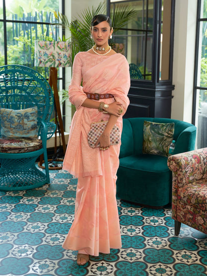 Rajwada Peach Woven Design Silk Blend Saree With Unstitched Blouse For Women