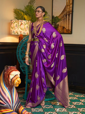 Rajwada Purple Woven Design Silk Blend Saree With Unstitched Blouse For Women