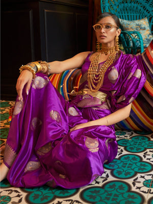 Rajwada Purple Woven Design Silk Blend Saree With Unstitched Blouse For Women