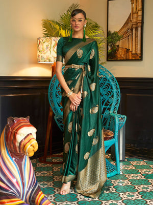 Rajwada Green Woven Design Silk Blend Saree With Unstitched Blouse For Women