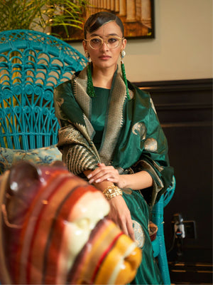 Rajwada Green Woven Design Silk Blend Saree With Unstitched Blouse For Women
