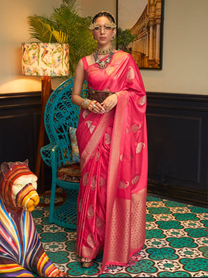 Rajwada Pink Woven Design Silk Blend Saree With Unstitched Blouse For Women