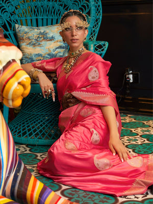 Rajwada Pink Woven Design Silk Blend Saree With Unstitched Blouse For Women