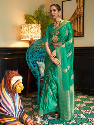 Rajwada Green Woven Design Silk Blend Saree With Unstitched Blouse For Women