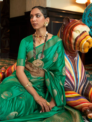 Rajwada Green Woven Design Silk Blend Saree With Unstitched Blouse For Women