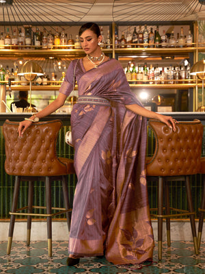 Rajwada Women Festive Purple Silk Blend Woven Saree With Unstitched Blouse