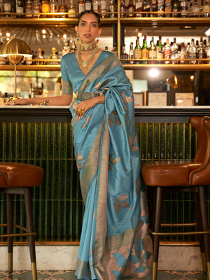 Rajwada Women Festive Blue Silk Blend Woven Saree With Unstitched Blouse
