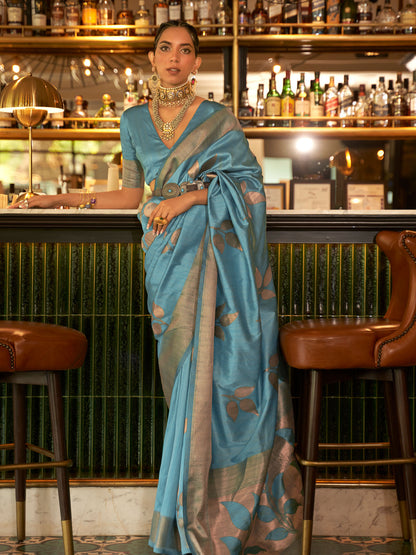 Rajwada Women Festive Blue Silk Blend Woven Saree With Unstitched Blouse