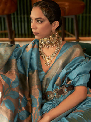 Rajwada Women Festive Blue Silk Blend Woven Saree With Unstitched Blouse