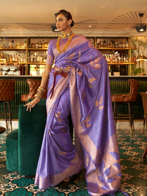 Rajwada Women Festive Purple Silk Blend Woven Saree With Unstitched Blouse