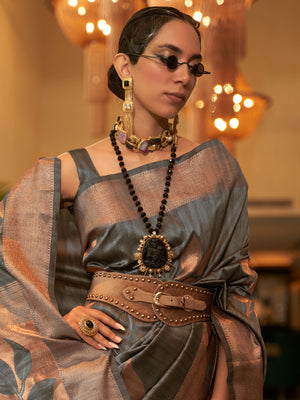 Rajwada Women Festive Grey Silk Blend Woven Saree With Unstitched Blouse
