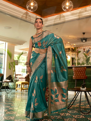 Rajwada Women Festive Teal Silk Blend Woven Saree With Unstitched Blouse