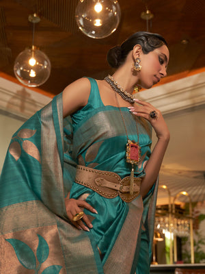 Rajwada Women Festive Teal Silk Blend Woven Saree With Unstitched Blouse