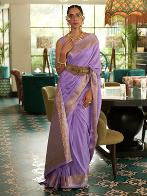 Rajwada Women Festive Purple Silk Blend Woven Saree With Unstitched Blouse